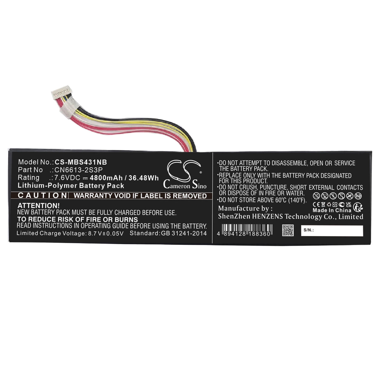 7.6v, Li-polymer, 4800mah, Battery Fits Maibenben, Maibook S431, 36.48wh Notebook, Laptop Cameron Sino Technology Limited