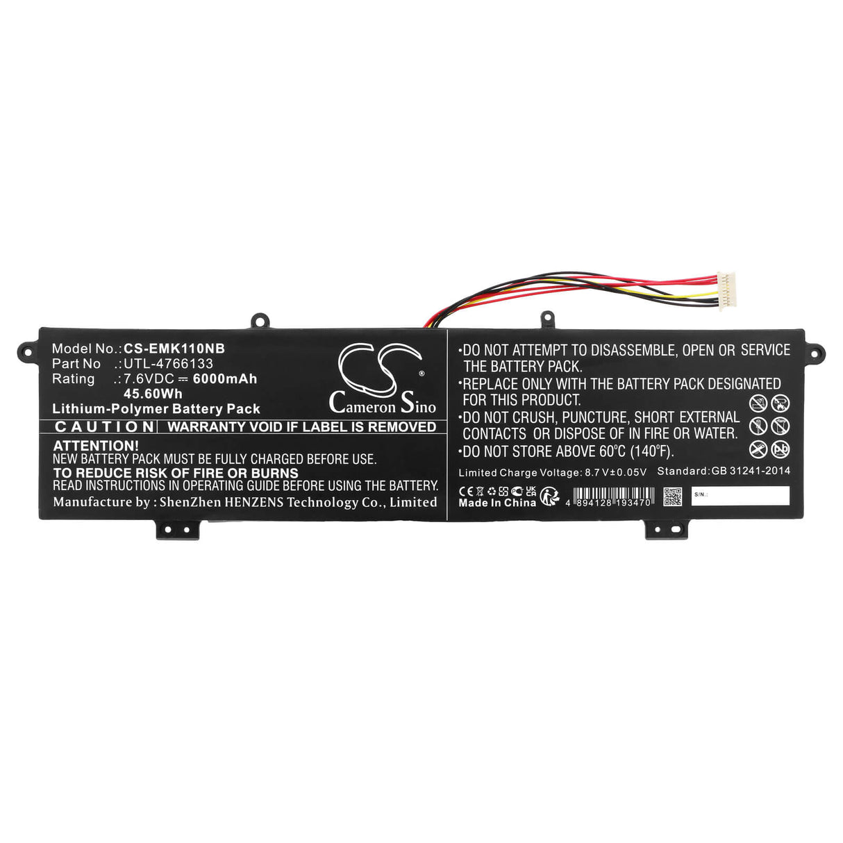 7.6v, Li-polymer, 6000mah, Battery Fits Evolve, Maestro E Book 11, Maestro Evolve 3, 45.60wh Notebook, Laptop Cameron Sino Technology Limited
