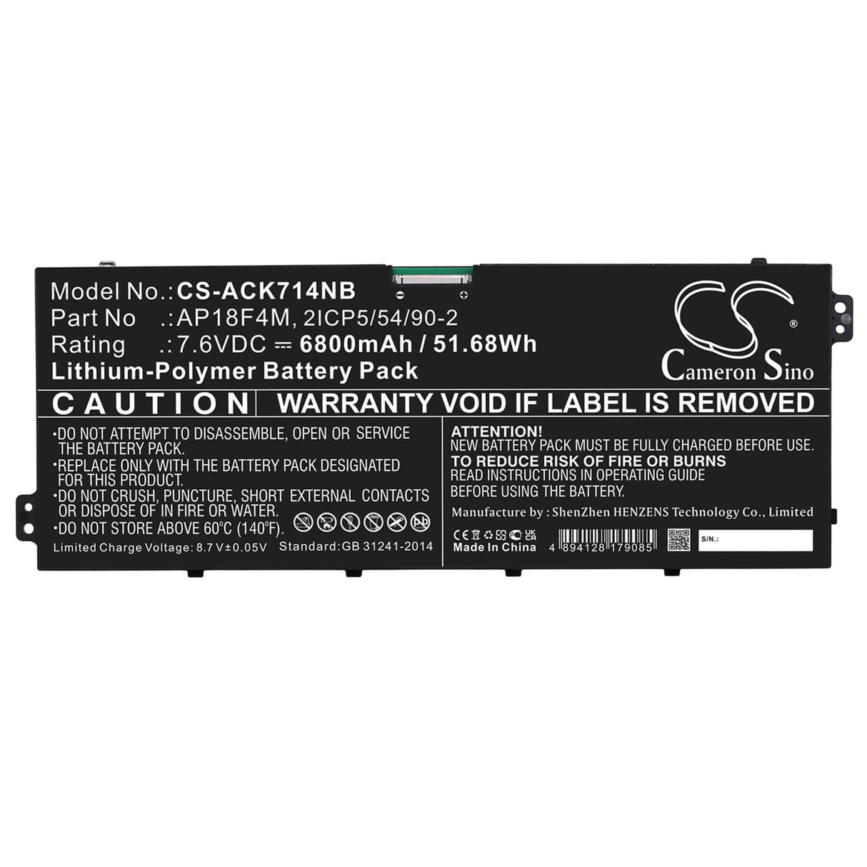 7.6v, Li-polymer, 6800mah, Battery Fits Acer Cchromebook 715 Cb715-1w-57cc, Chromebook 714 Cb714-1w-3313, 51.68wh Notebook, Laptop Cameron Sino Technology Limited
