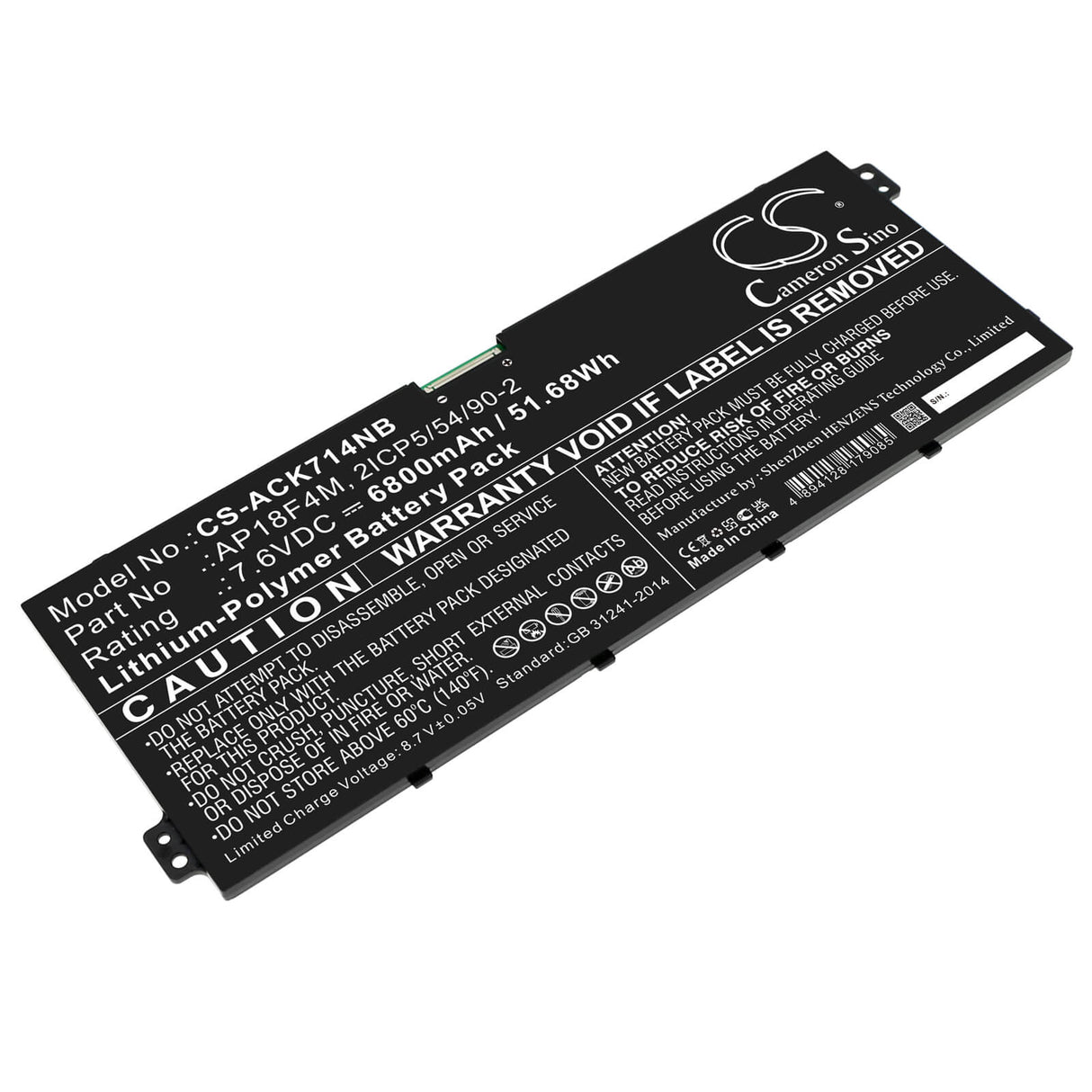 7.6v, Li-polymer, 6800mah, Battery Fits Acer Cchromebook 715 Cb715-1w-57cc, Chromebook 714 Cb714-1w-3313, 51.68wh Notebook, Laptop Cameron Sino Technology Limited
