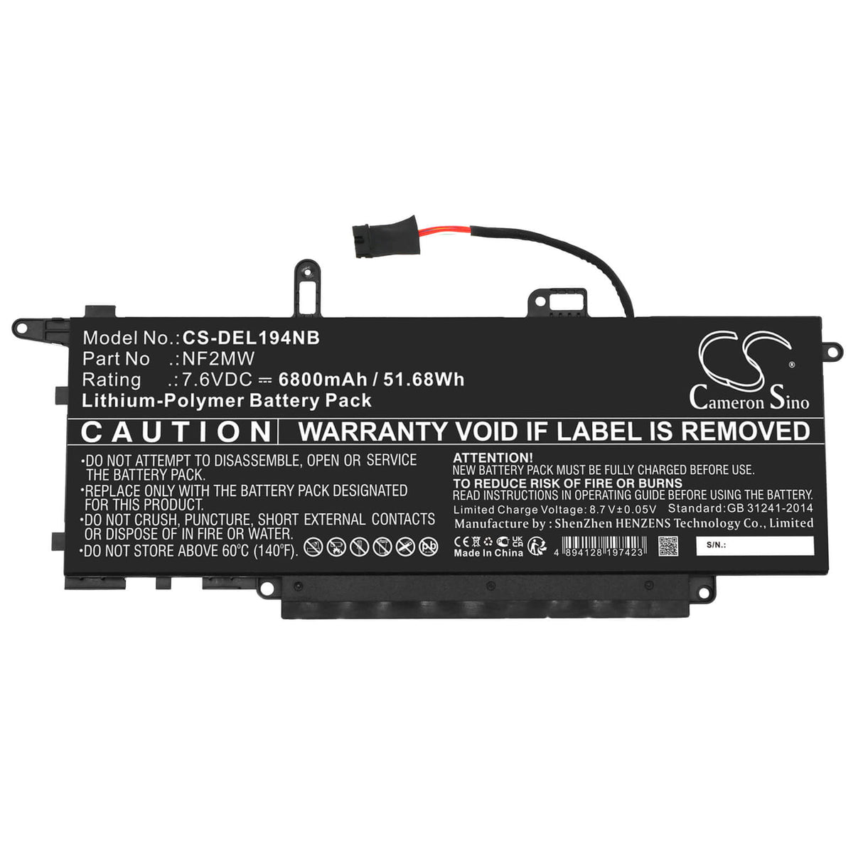 7.6v, Li-polymer, 6800mah, Battery Fits Dell, Latitude 14 9410 27m6v, Latitude 14 9410 28hym, 51.68wh Notebook, Laptop Cameron Sino Technology Limited