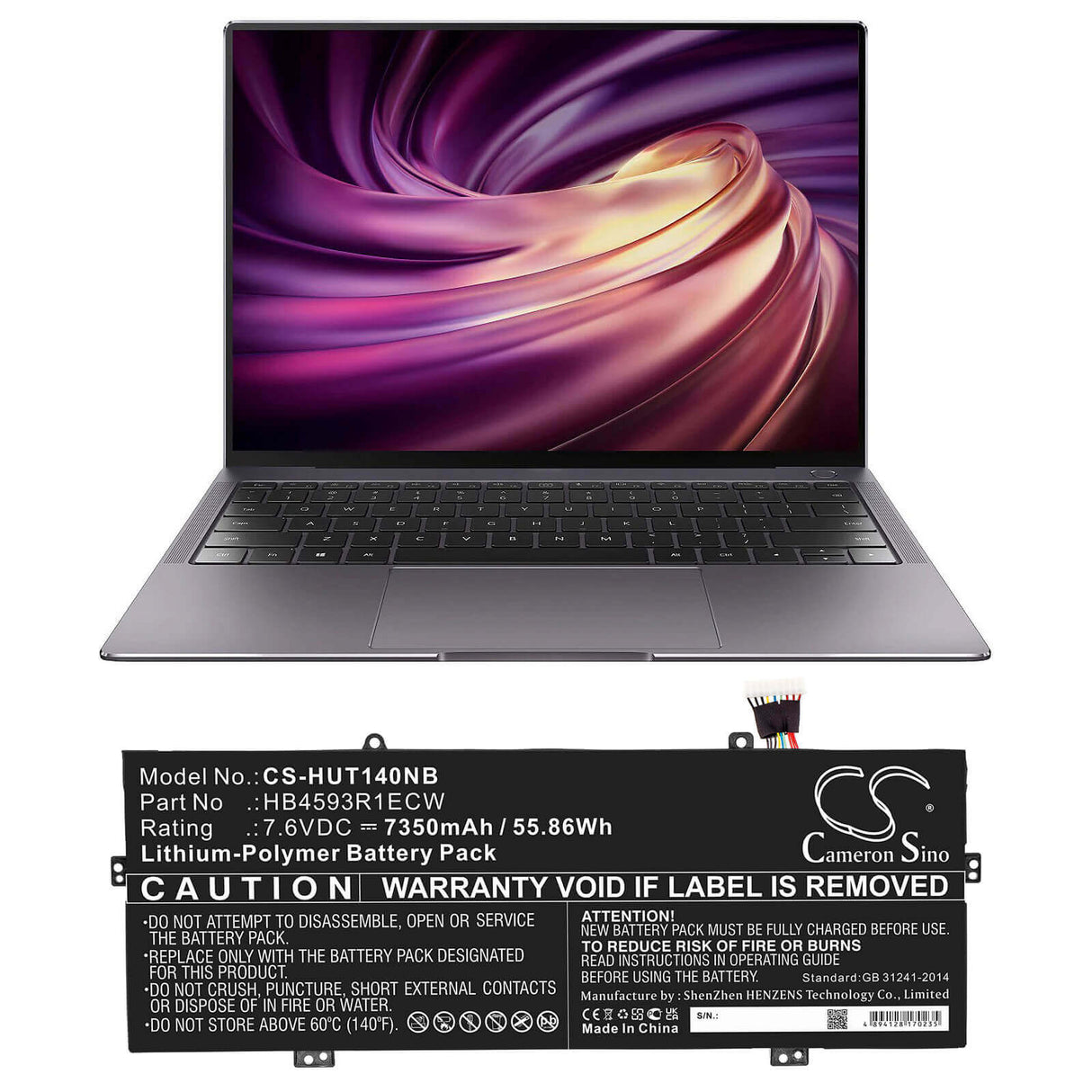 7.6v, Li-polymer, 7350mah, Battery Fit's Huawei, Book X Pro I5-8250u 256gb, Book X Pro I5-8250u 8gb, Honor Magicbook, 55.86wh Notebook, Laptop Cameron Sino Technology Limited
