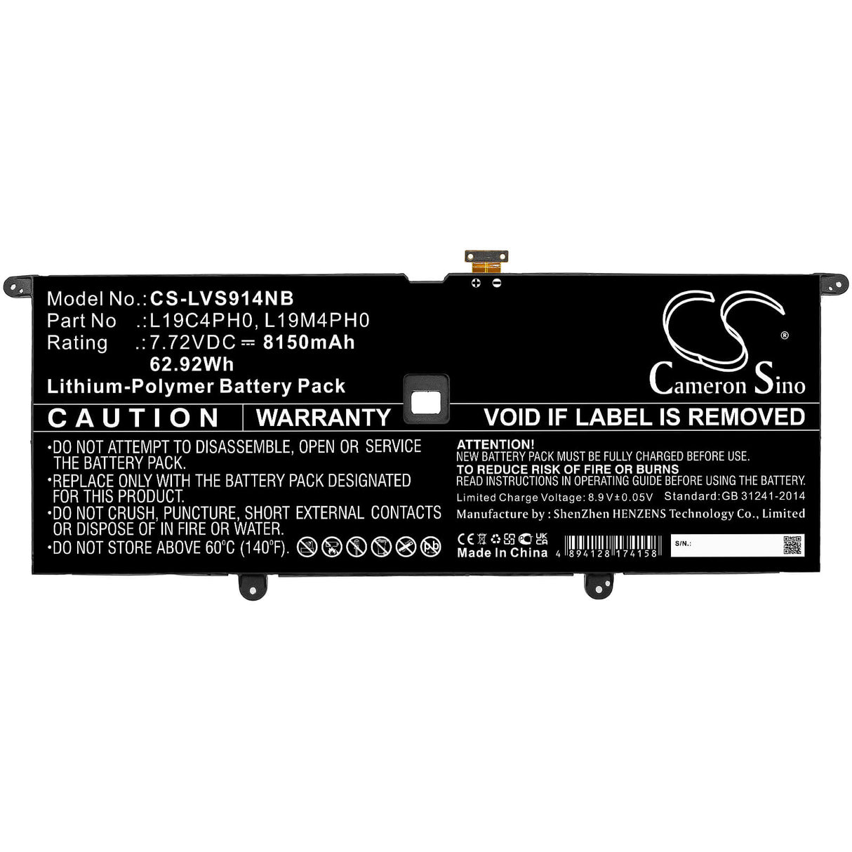 7.72v, 8150mah, Li-ion Battery Fit's Lenovo, Yoga Slim 9 14itl5 82d10000uk, 14itl5 82d10001uk, 62.92wh Notebook, Laptop Cameron Sino Technology Limited