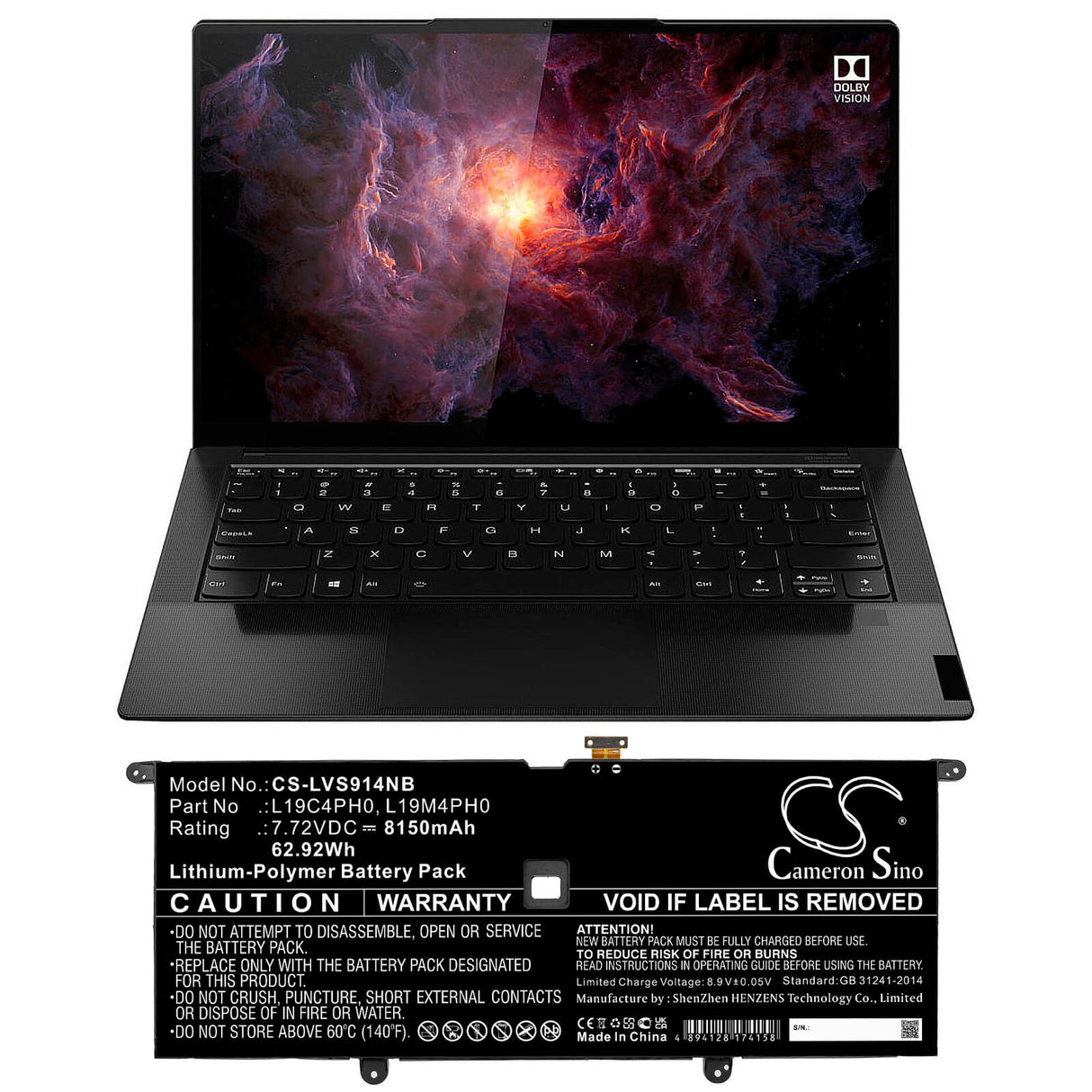 7.72v, 8150mah, Li-ion Battery Fit's Lenovo, Yoga Slim 9 14itl5 82d10000uk, 14itl5 82d10001uk, 62.92wh Notebook, Laptop Cameron Sino Technology Limited
