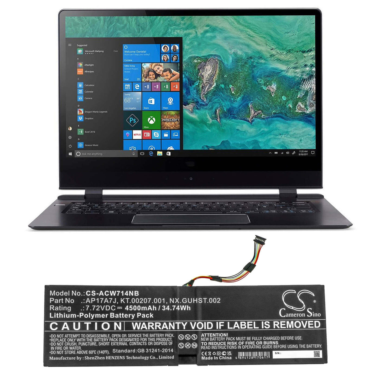 7.72v, Li-polymer, 4500mah, Battery Fit's Acer, Swift 7 Sf714-51t, Swift 7 Sf714-51t-m16f, Swift 7 Sf714-51t-m1f6, 34.74wh Notebook, Laptop Cameron Sino Technology Limited