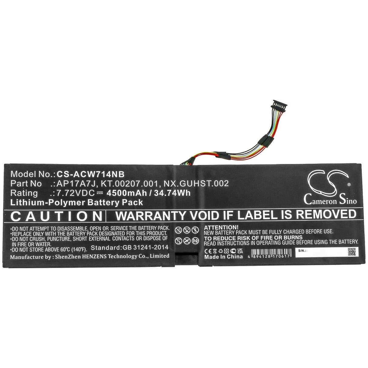 7.72v, Li-polymer, 4500mah, Battery Fit's Acer, Swift 7 Sf714-51t, Swift 7 Sf714-51t-m16f, Swift 7 Sf714-51t-m1f6, 34.74wh Notebook, Laptop Cameron Sino Technology Limited