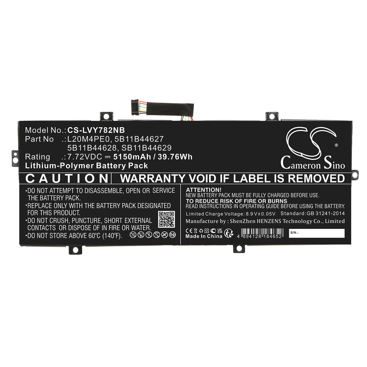 7.72v, Li-polymer, 5150mah, Battery Fits Lenovo, Yoga Duet 7 13itl6 82ma0005id, 39.76wh Notebook, Laptop Cameron Sino Technology Limited
