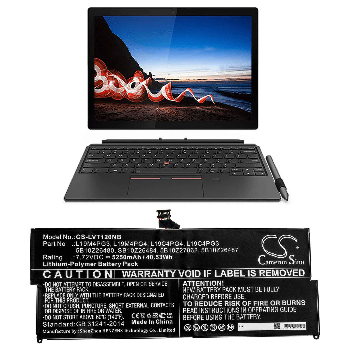 7.72v, Li-polymer, 5250mah, Battery Fit's Lenovo, Thinkpad X12 Detachable, 40.53wh Notebook, Laptop Cameron Sino Technology Limited