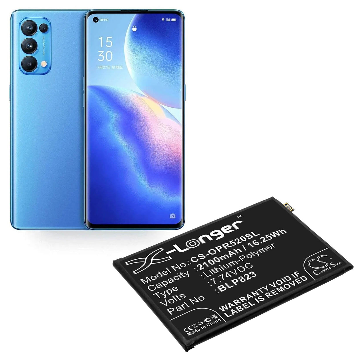 7.74V, Li-Polymer, 2100mAh, SmartPhone battery fits Oppo, Blp823, Cph2201, Pdsm00, 16.25Wh Mobile, SmartPhone Cameron Sino Technology Limited (Smartphone)