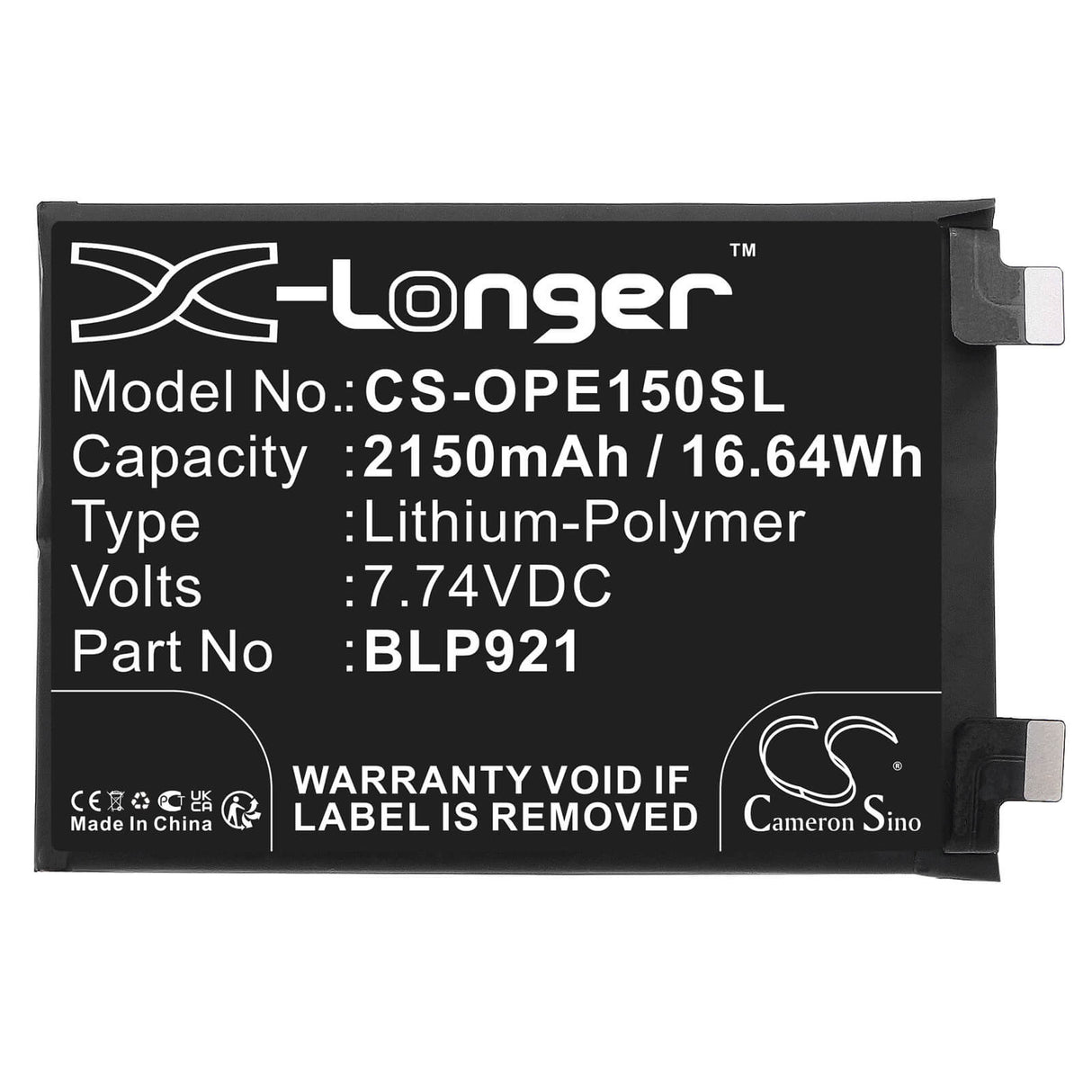 7.74V, Li-Polymer, 2150mAh, SmartPhone battery fits Oneplus, Blp921, Ace 150w, 16.64Wh Mobile, SmartPhone Cameron Sino Technology Limited (Smartphone)