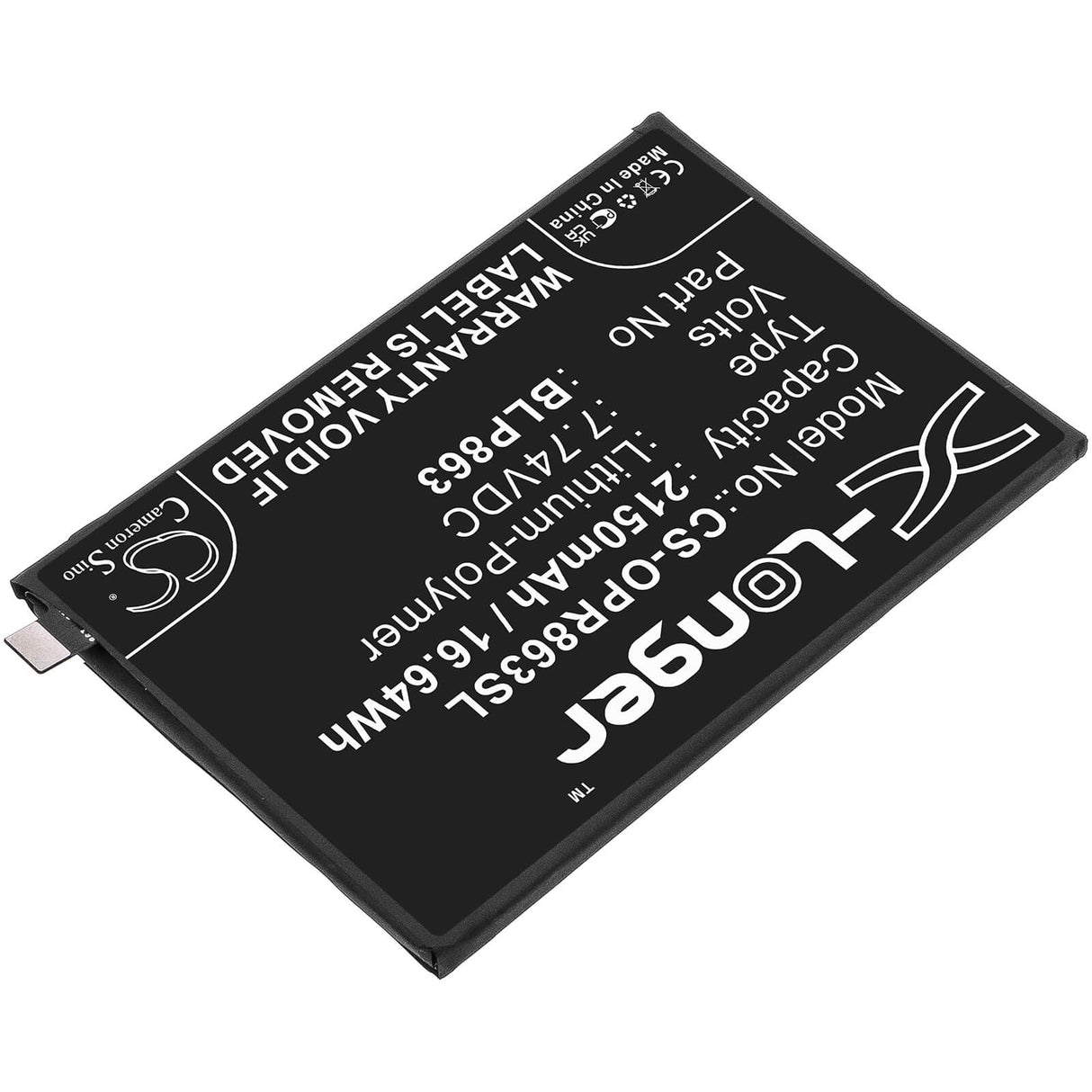 7.74V, Li-Polymer, 2150mAh, SmartPhone battery fits Oppo, Blp863, Cph2235, Reno6, 16.64Wh Mobile, SmartPhone Cameron Sino Technology Limited (Smartphone)