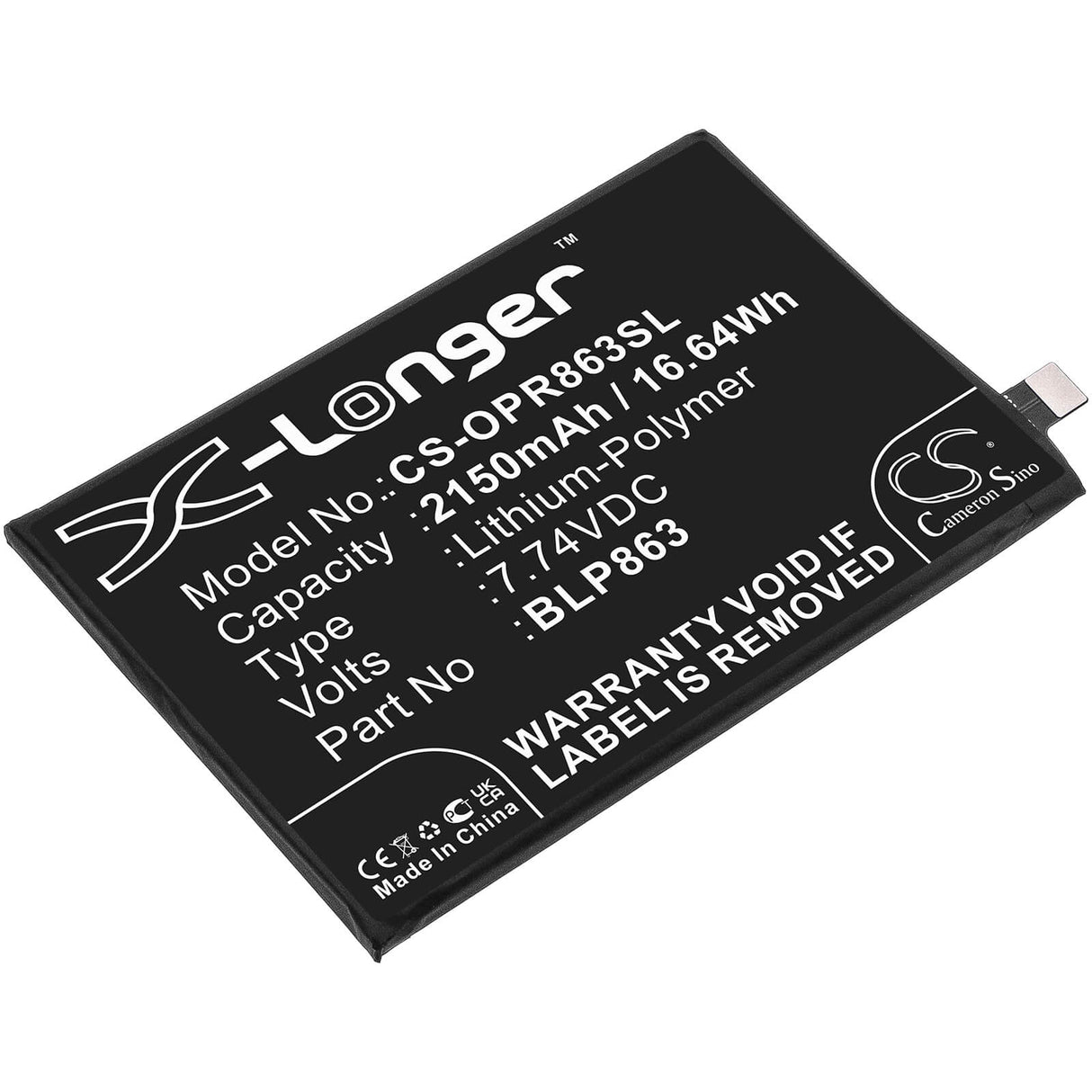 7.74V, Li-Polymer, 2150mAh, SmartPhone battery fits Oppo, Blp863, Cph2235, Reno6, 16.64Wh Mobile, SmartPhone Cameron Sino Technology Limited (Smartphone)