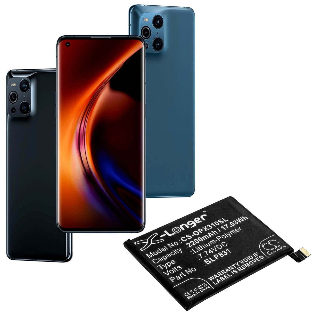 7.74V, Li-Polymer, 2200mAh, SmartPhone battery fits Oppo, Blp831, Cph2173, Find X3 Pro, 17.03Wh Mobile, SmartPhone Cameron Sino Technology Limited (Smartphone)