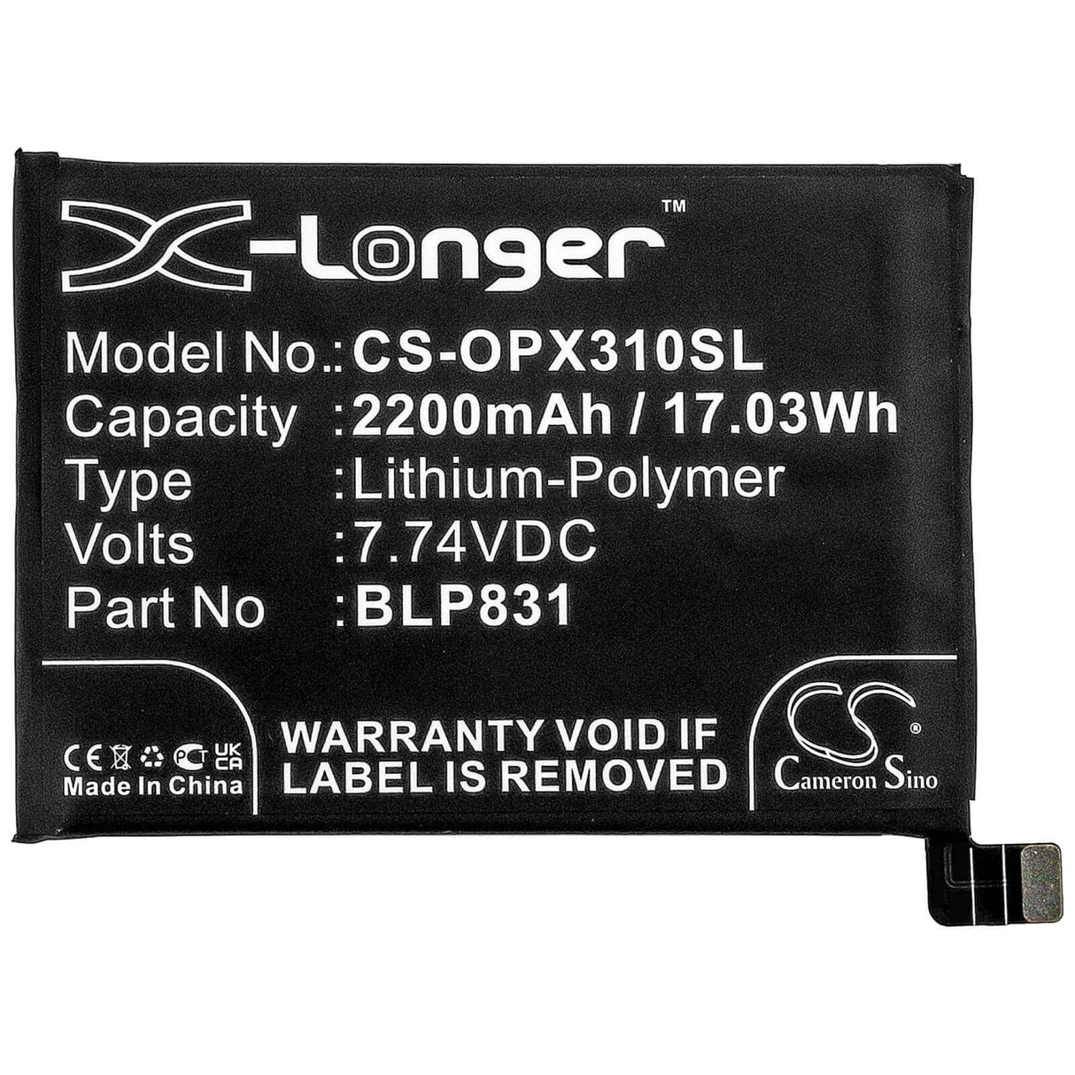 7.74V, Li-Polymer, 2200mAh, SmartPhone battery fits Oppo, Blp831, Cph2173, Find X3 Pro, 17.03Wh Mobile, SmartPhone Cameron Sino Technology Limited (Smartphone)