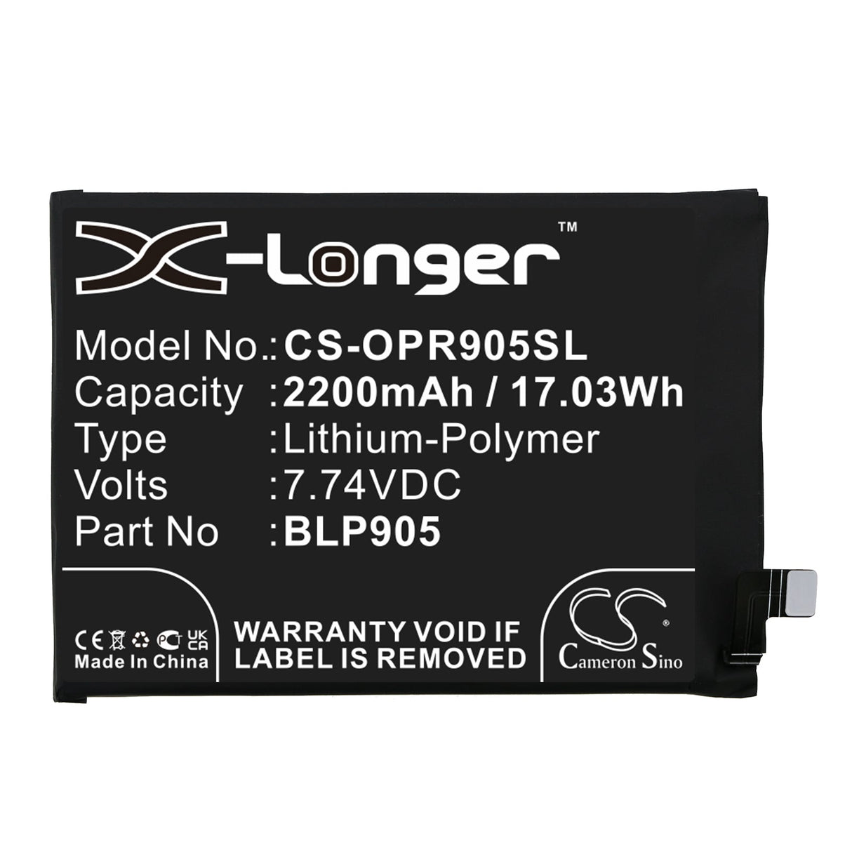 7.74V, Li-Polymer, 2200mAh, SmartPhone battery fits Oppo, Blp905, Pfdm00, Reno 7 Pro 5g, 17.03Wh Mobile, SmartPhone Cameron Sino Technology Limited (Smartphone)