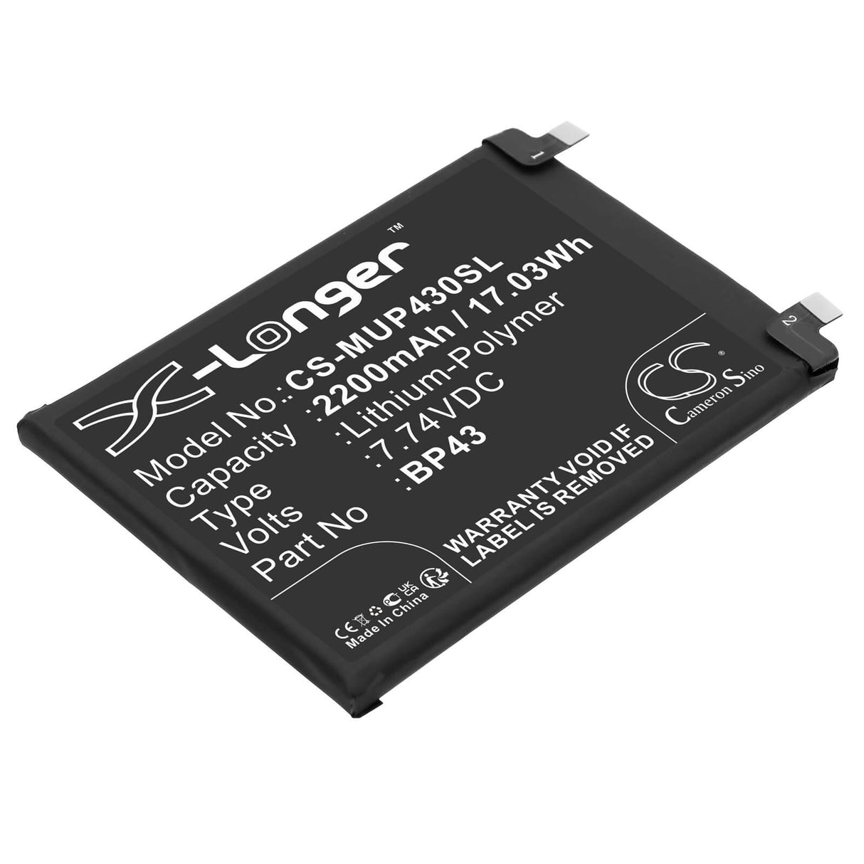 7.74V, Li-Polymer, 2200mAh, SmartPhone battery fits Xiaomi, Bp43, Mix 4, 17.03Wh Mobile, SmartPhone Cameron Sino Technology Limited (Smartphone)