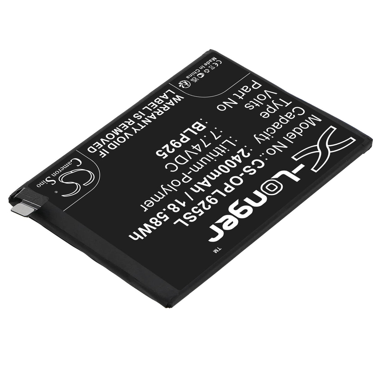 7,74V, Li-Polymer, 2400mAh, batterie de smartphone compatible avec Oppo, Oneplus, Blp925, 10r, 10r 5g 2022, 18,58Wh Mobile, Smartphone Cameron Sino Technology Limited (Smartphone)