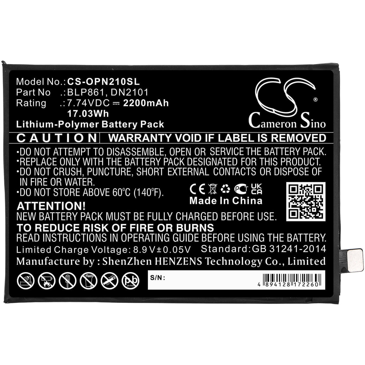 7.74V, Li-Polymer, 2200mAh, SmartPhone battery fits Oneplus, Blp861, 9rt 5g, Eb2101, 17.03Wh Mobile, SmartPhone Cameron Sino Technology Limited (Smartphone)