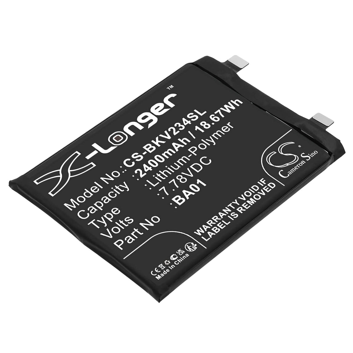7.78V, Li-Polymer, 2400mAh, SmartPhone battery fits Vivo, Ba01, Iqoo 11s, Iqoo 11s 5g, 18.67Wh Mobile, SmartPhone Cameron Sino Technology Limited (Smartphone)
