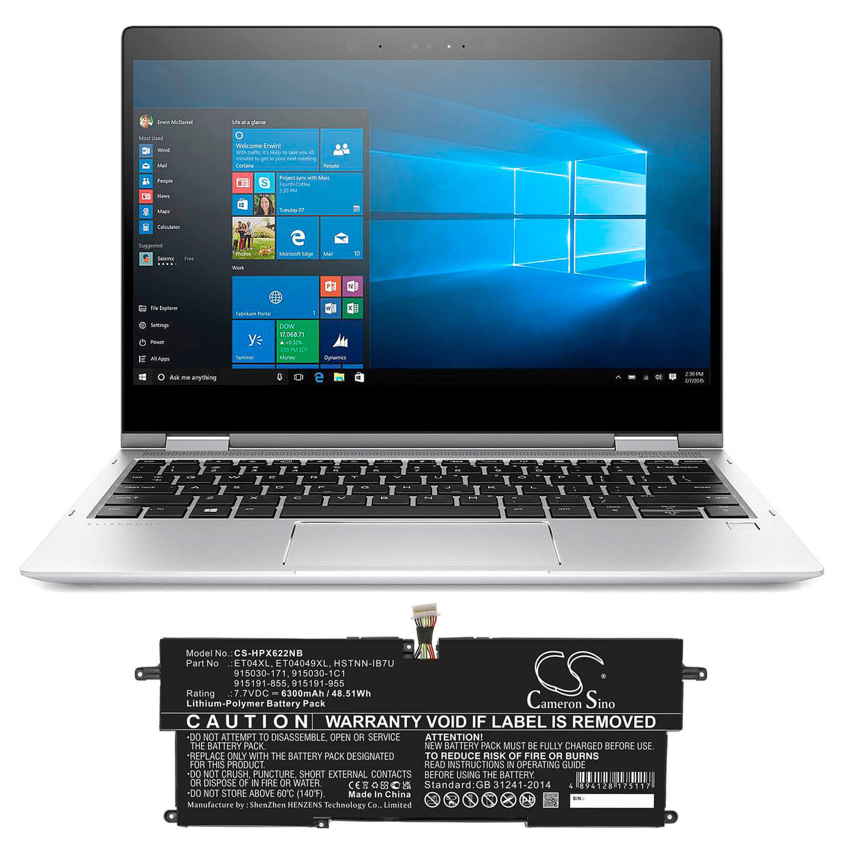 7.7v, Li-polymer, 6300mah, Battery Fits Hp, E Litebook X360 1020 G2-1em62e, Elitebook X360 1020 G2(1ep69ea, 48.51wh Notebook, Laptop Cameron Sino Technology Limited