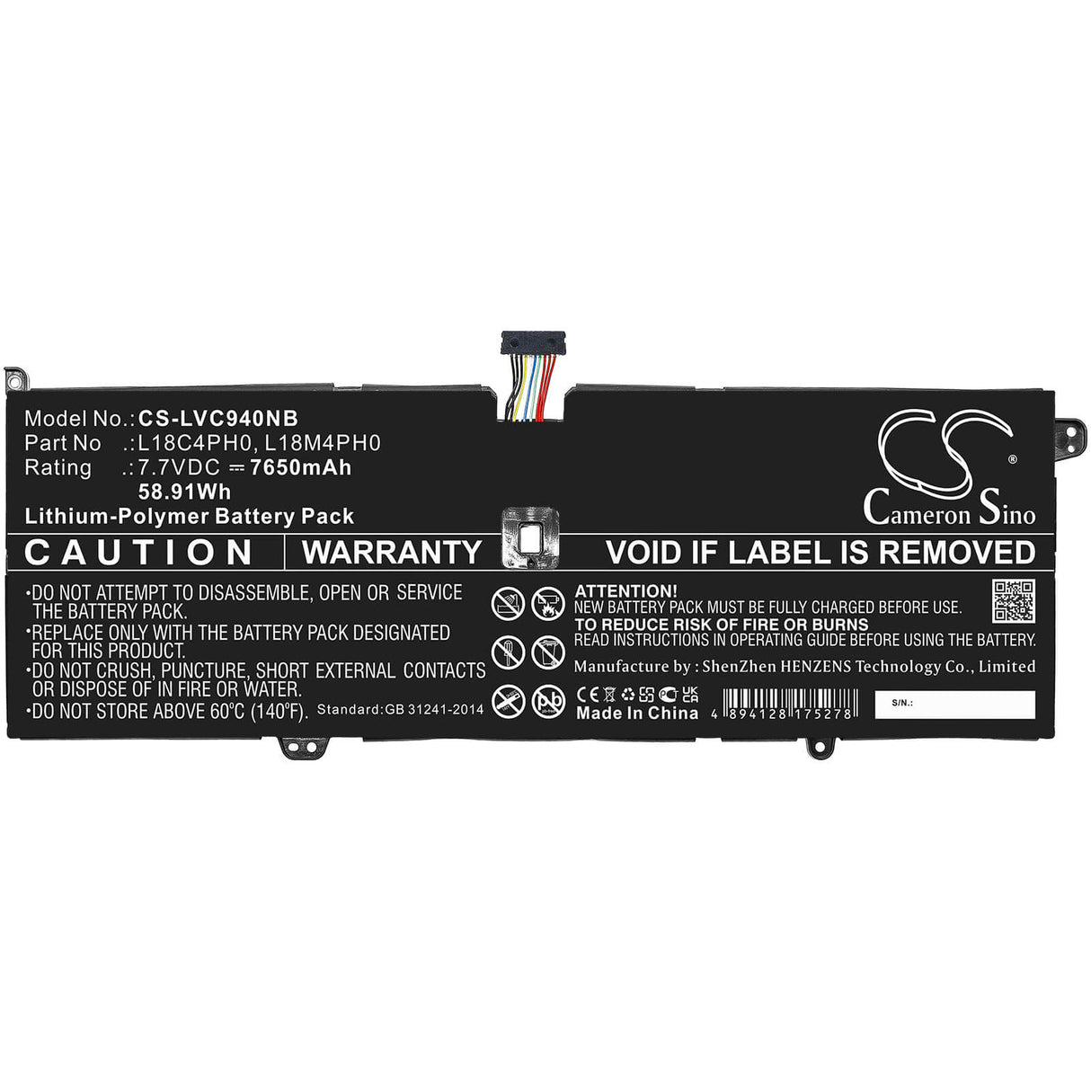 7,7v, Li-polymère, 7650mah, Batterie Compatible avec Lenovo, Yoga C940 Sp/a, Yoga C940-14iil, 58,91wh Notebook, Laptop Cameron Sino Technology Limited