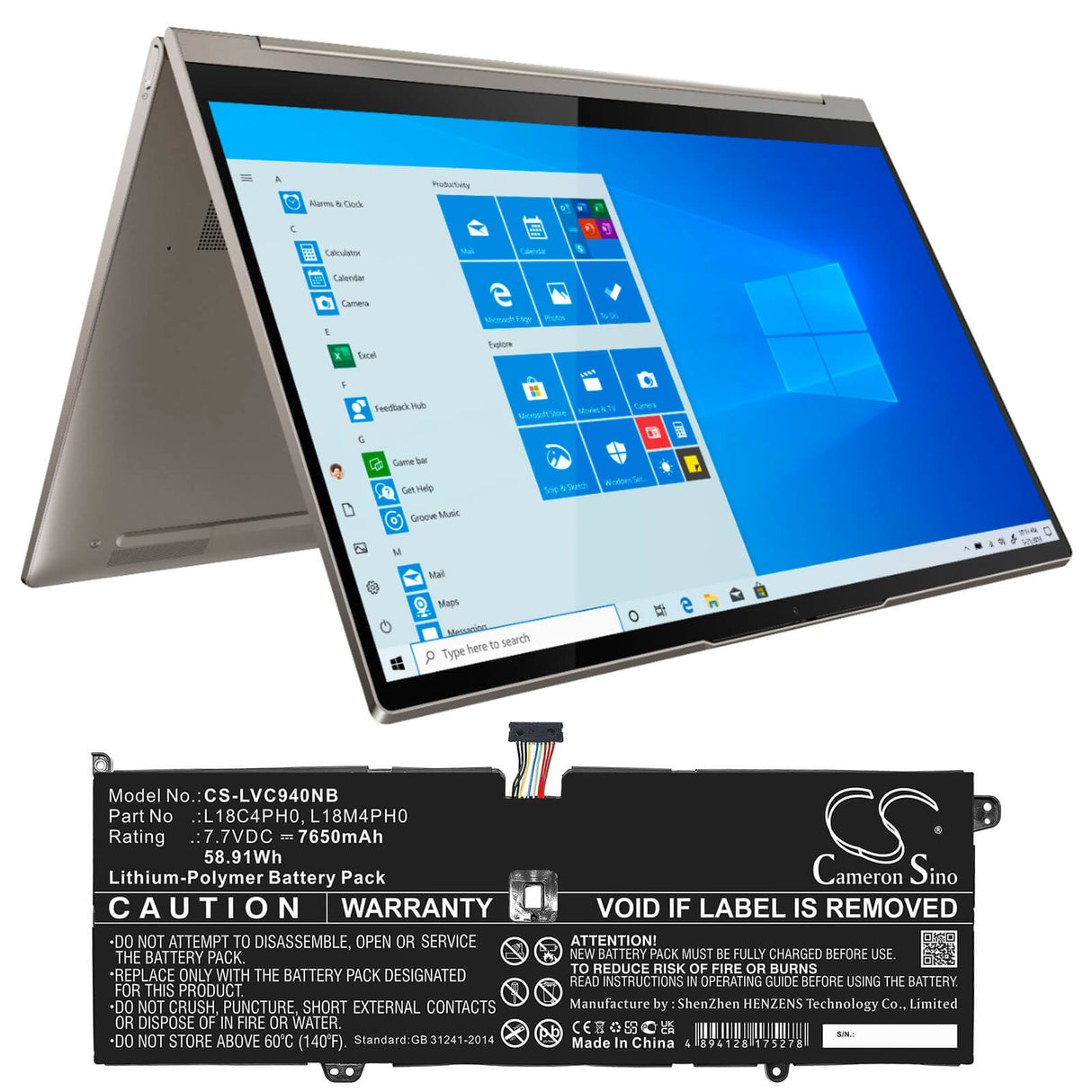 7,7v, Li-polymère, 7650mah, Batterie Compatible avec Lenovo, Yoga C940 Sp/a, Yoga C940-14iil, 58,91wh Notebook, Laptop Cameron Sino Technology Limited