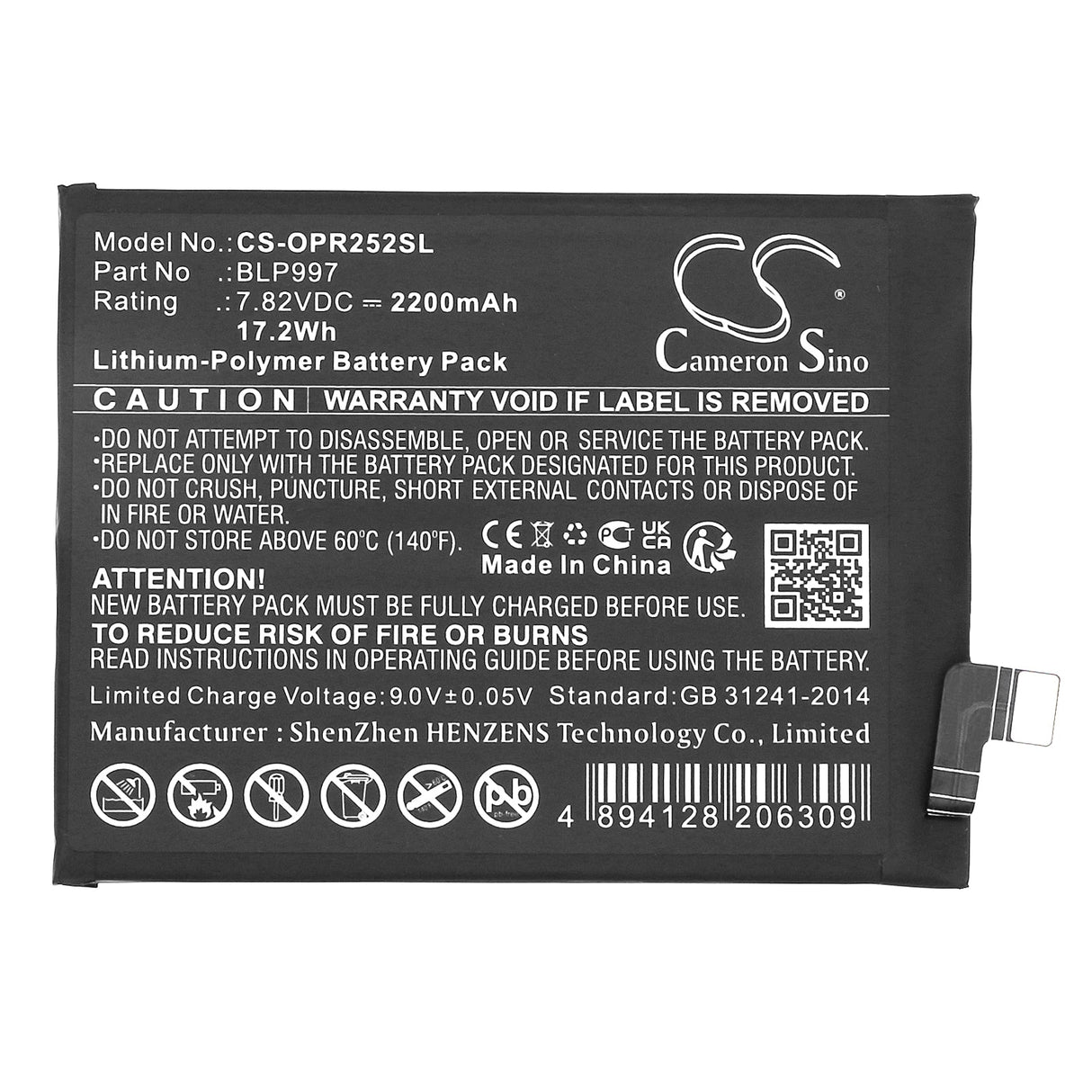 7.82V, Li-Polymer, 2200mAh, SmartPhone battery fits Oppo, Blp997, Cph2525, Cph2541, 17.2Wh Mobile, SmartPhone Cameron Sino Technology Limited (Smartphone)