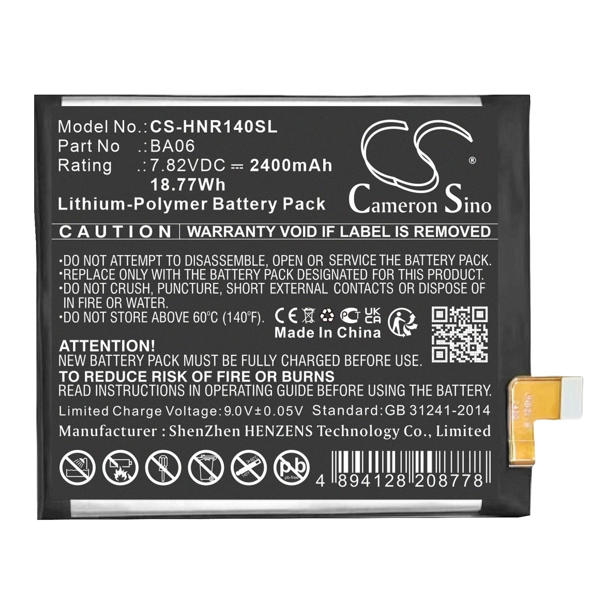 7.82V, Li-Polymer, 2400mAh, SmartPhone battery fits Vivo, Honor, Ba06, Hge-w56, Hge-w76, 18.77Wh Mobile, SmartPhone Cameron Sino Technology Limited (Smartphone)