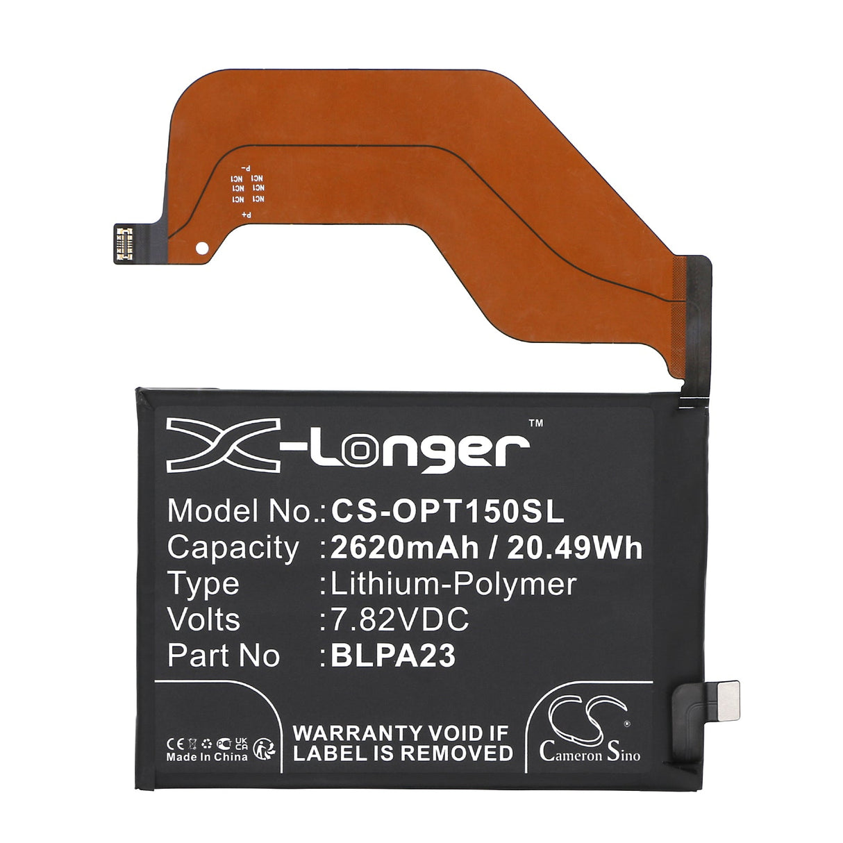 7.82V, Li-Polymer, 2620mAh, SmartPhone battery fits Oppo, Blpa23, Realme Gt5 150w, 20.49Wh Mobile, SmartPhone Cameron Sino Technology Limited (Smartphone)