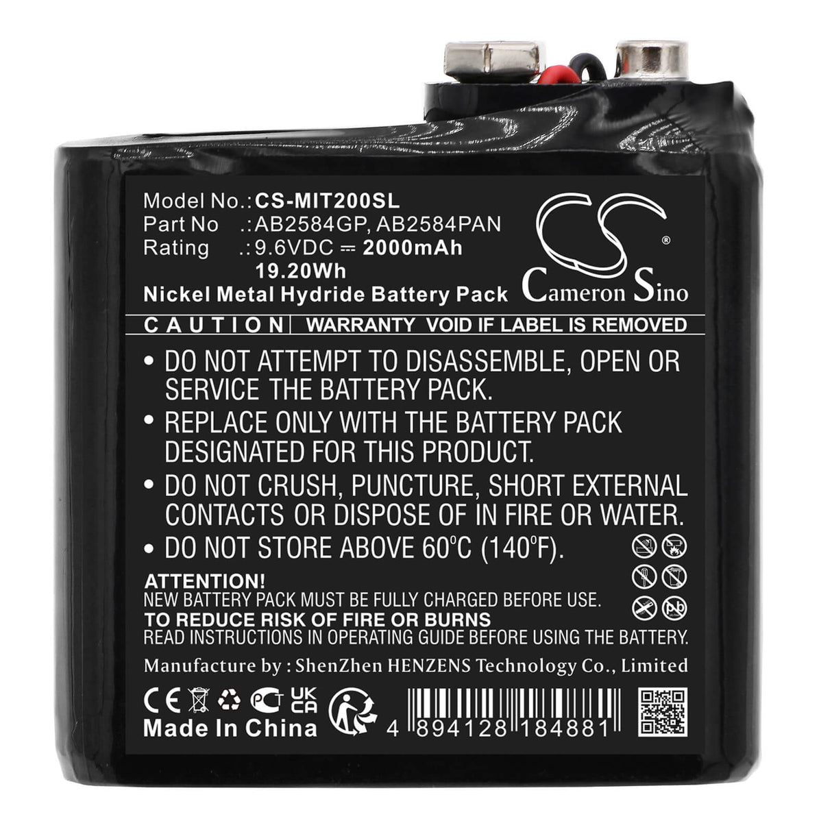 9,6V, Ni-MH, 2000mAh, batterie Smart Home compatible avec Megger, Ab2584 Gp, Tdr2000-c, Réflectomètre temporel Tdr2, 19,2Wh Smart Home Cameron Sino Technology Limited