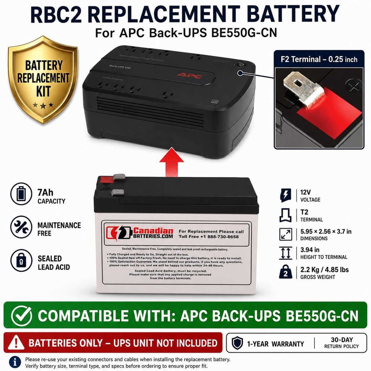 UPS Battery for APC BE550G-CN Back-UPS – 12V 7Ah RBC2 Replacement UPS Batteries CB Range