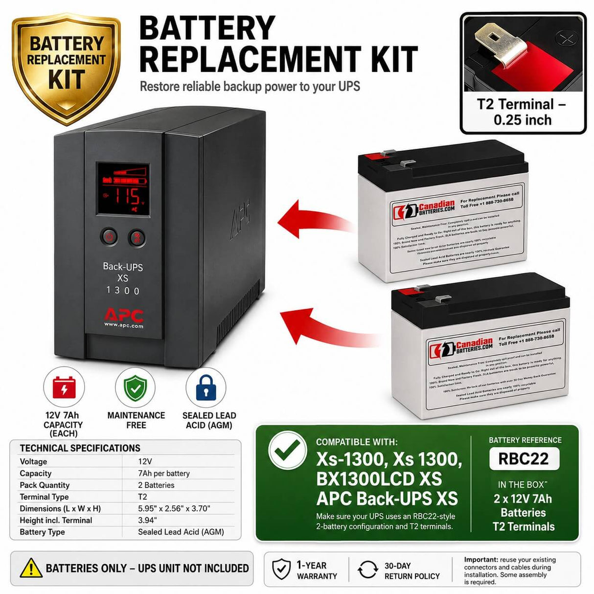 XS1300, XS-1300, BX1300lcd Xs Apc Back UPS Xs Battery 2 x 12v 7Ah UPS Batteries CB Range Standard 12V 7Ah