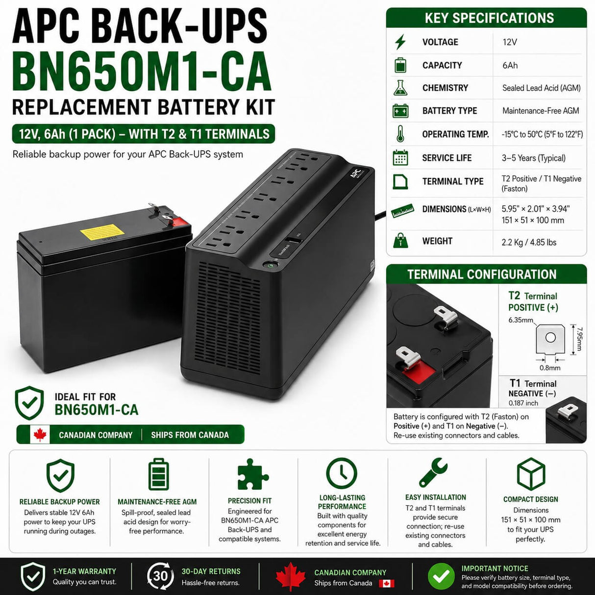 BN650M1-CA APC Back-UPS Battery 12V 6Ah AGM RBC114 UPS Batteries CB Range