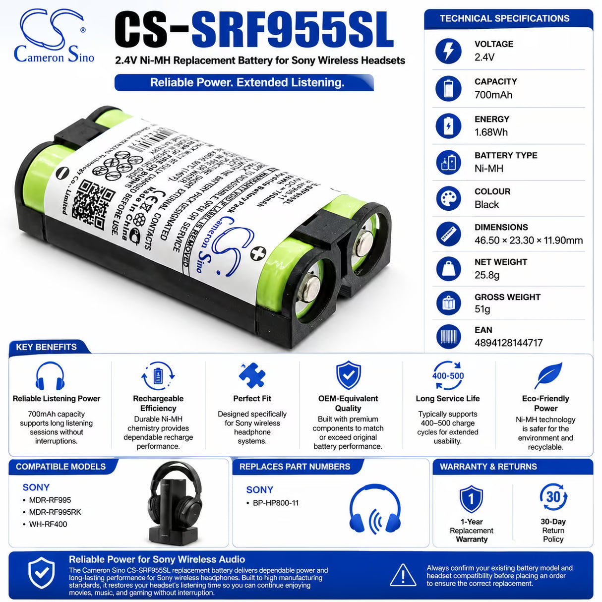 BP-HP800-11 Replacement Battery for Sony WH-RF400 2.4v, 700mah - 1.68wh Wireless Headset Cameron Sino Technology Limited