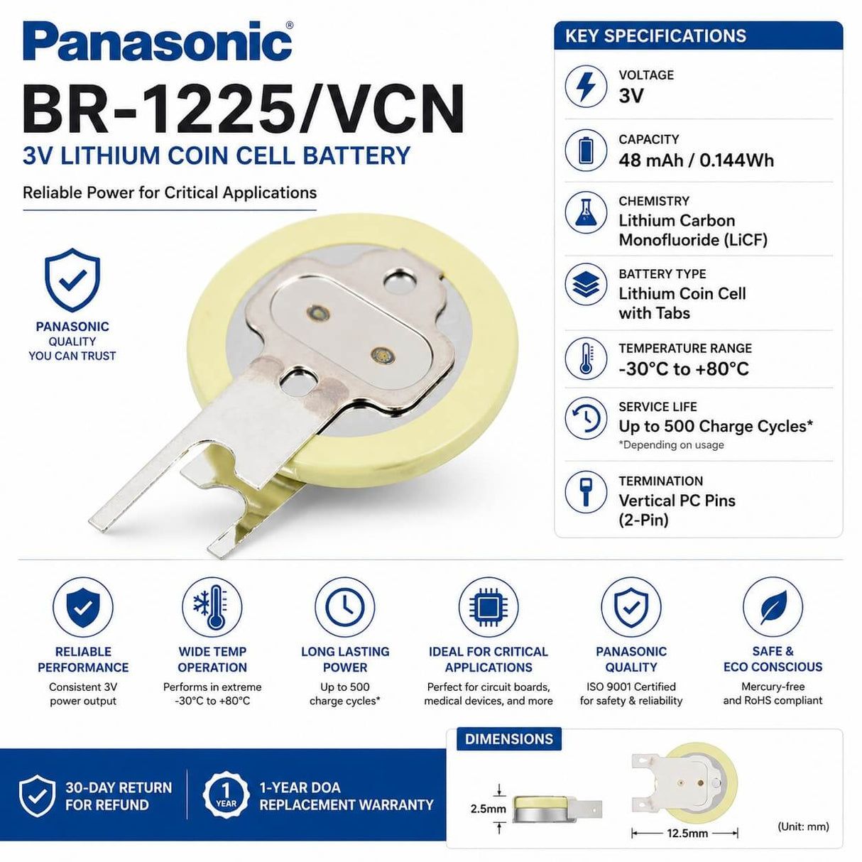 Panasonic BR-1225/VCN Battery | 3V Lithium Coin Cell with Vertical PC Pins Coin Cell Batteries Panasonic