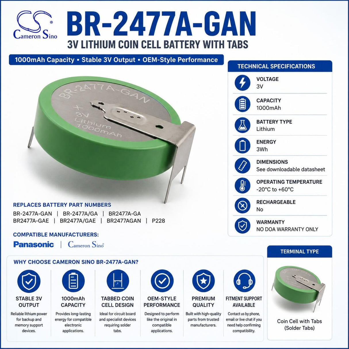 Button Battery - Br-2477a/ga, Br2477a-ga, Br2477a-gae, Br2477a/ga 3v, 1000 Mah - 3wh Coin Cell Batteries Panasonic