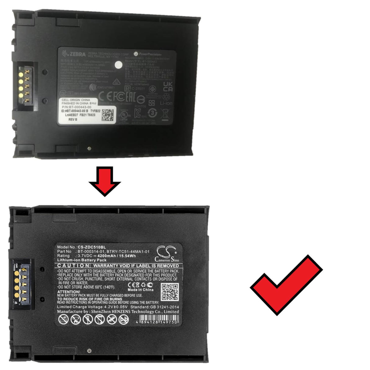 Batterie de scanner de code-barres pour Zebra, BT-000443-00 convient aux modèles Tc51, Tc510, Tc510k 3.7v, 4200mah - 15.54wh Scanner de code-barres Cameron Sino Technology Limited