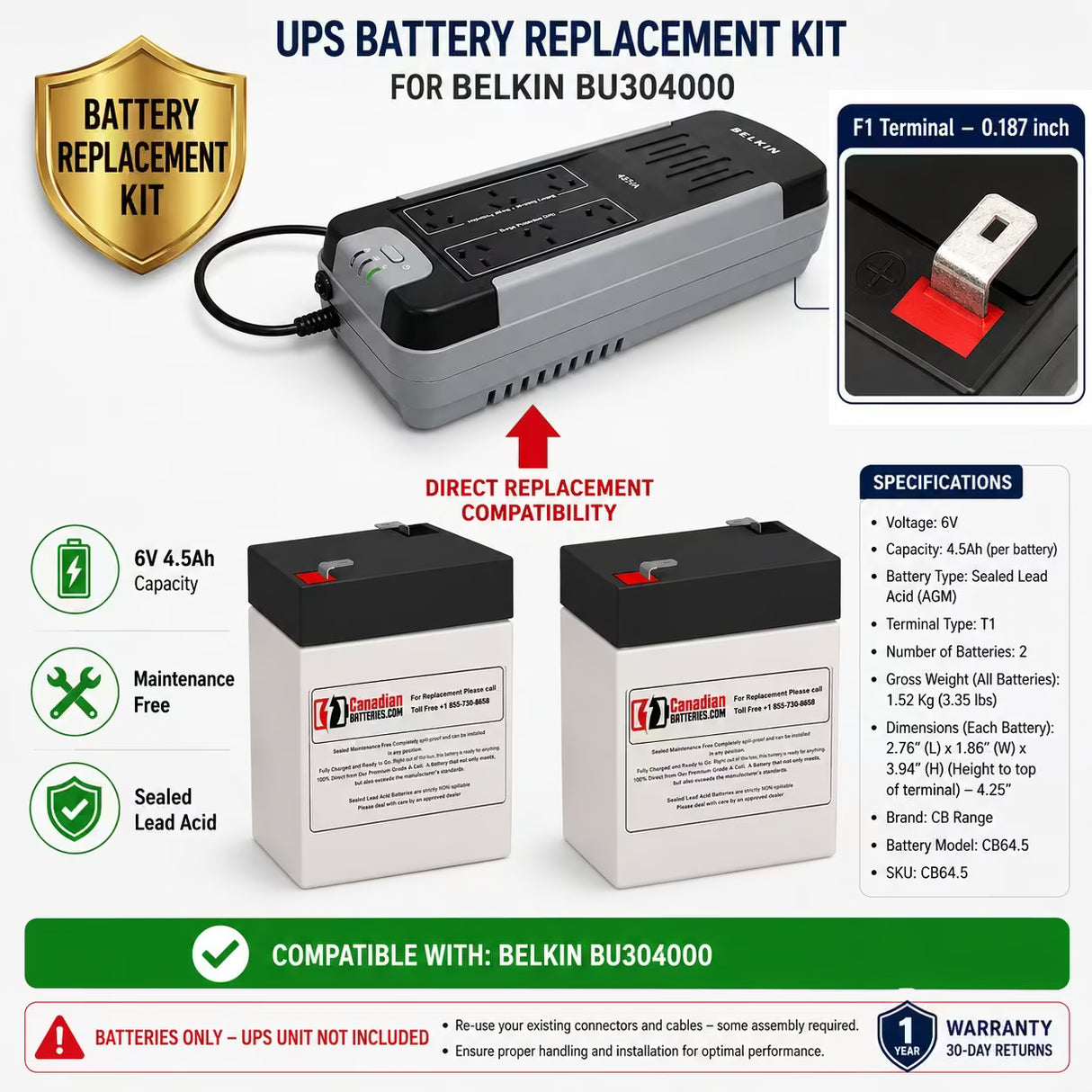 Belkin BU304000 UPS Battery Replacement – 6V 4.5Ah AGM 2 Pack UPS Batteries CB Range