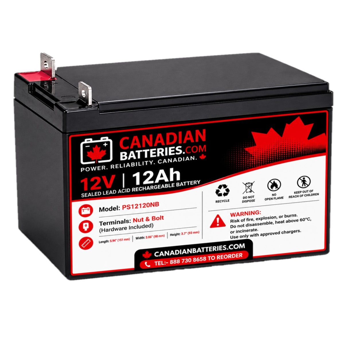 Briggs and Statton, 7600188YP, CTN12-12NB, 12 Volt 12Ah, Nut & Bolt style battery Sealed Lead Acid (Special) CB Range
