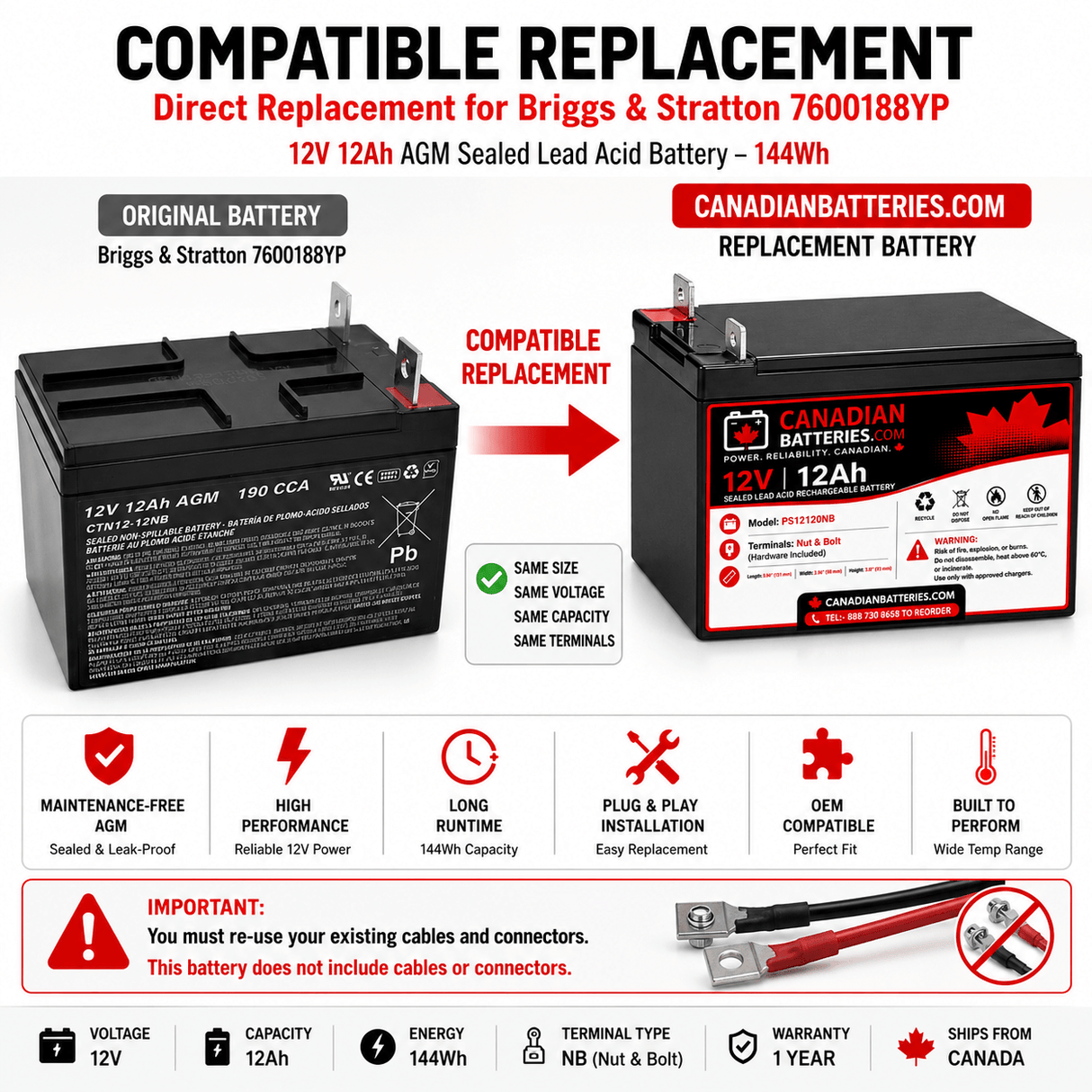 Briggs and Statton, 7600188YP, CTN12-12NB, 12 Volt 12Ah, Nut & Bolt style battery Sealed Lead Acid (Special) CB Range
