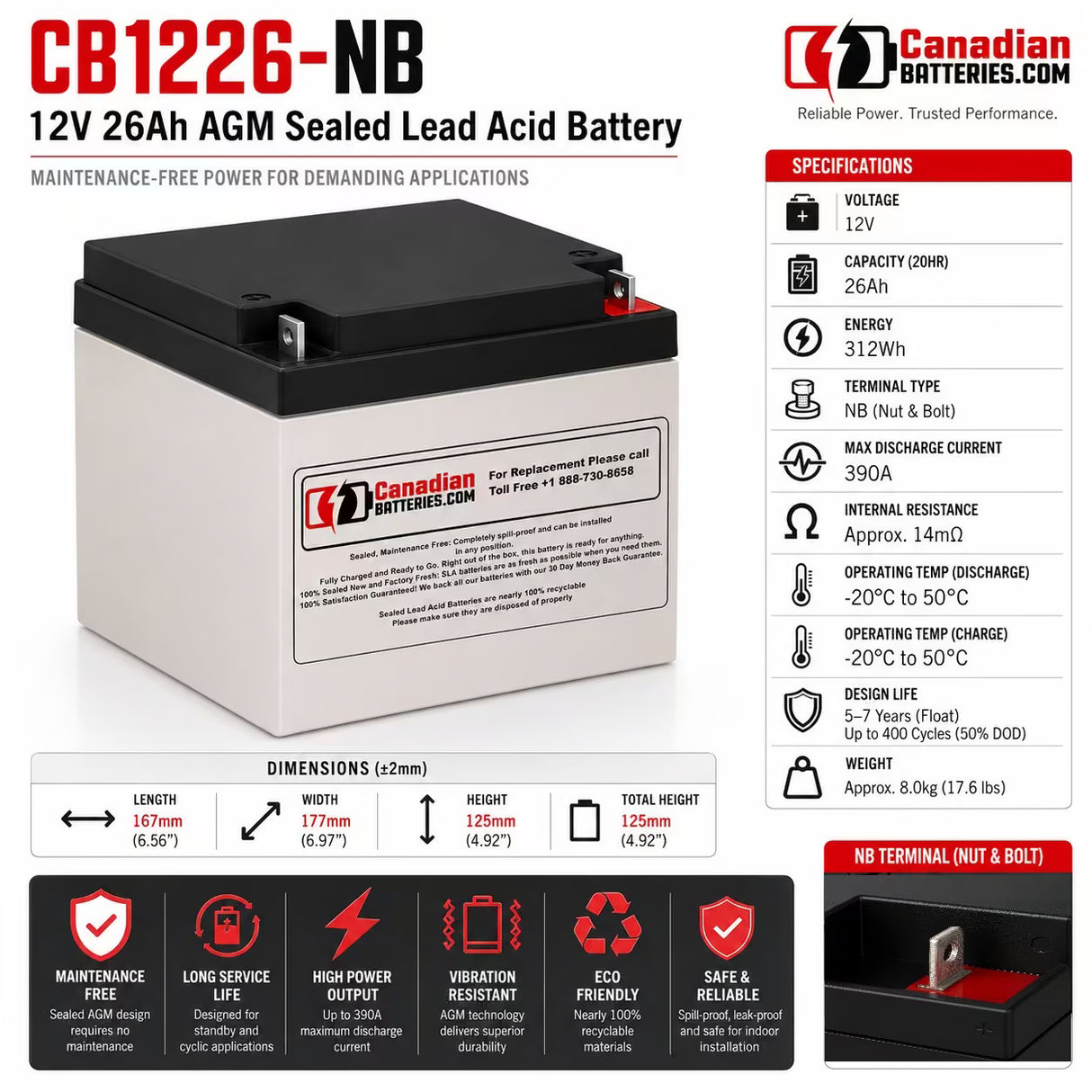 CB1226-NB 12V 26Ah AGM Sealed Lead Acid Battery NB Terminal Sealed Lead Acid CB Generic