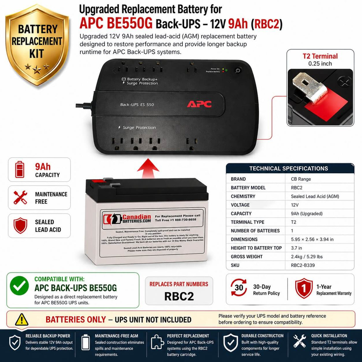 Be550g Apc Back UPS Battery, 1 X 12V 7Ah UPS Batteries CB Range 9Ah Upgrade 28% Longer Runtime (AGM)