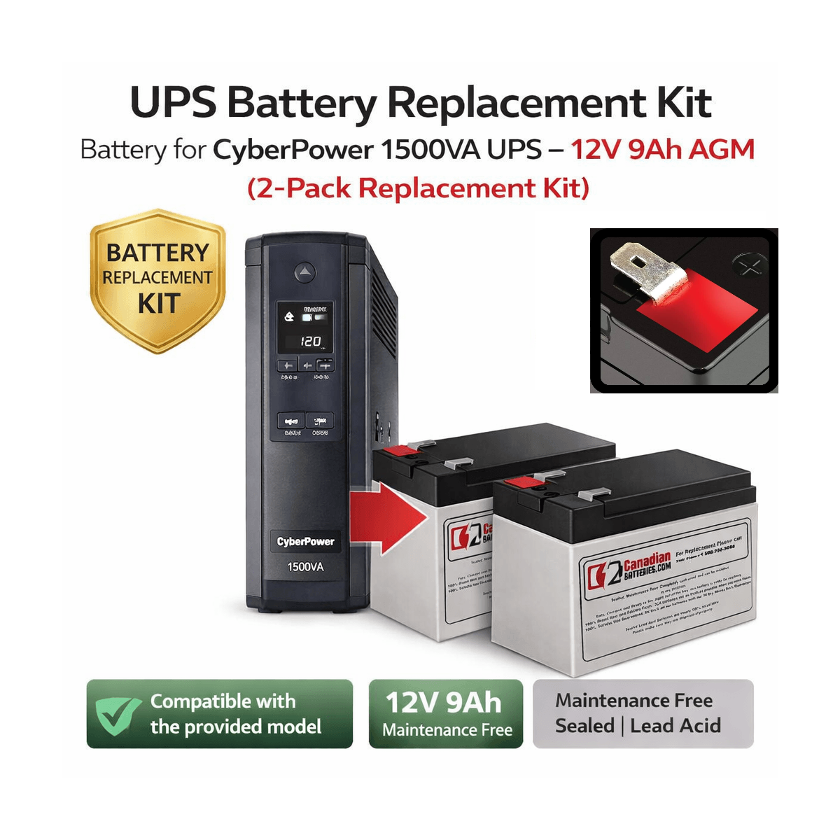 CyberPower 1500VA UPS Battery Replacement Kit – 2 x 12V 9Ah AGM UPS Batteries CB Range