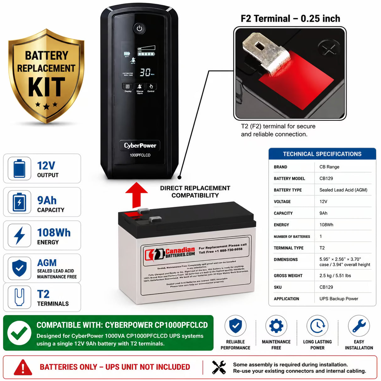 UPS Battery For Cyberpower 1000VA Cp1000pfclcd UPS, 1 X 12v, 9ah - 108wh UPS Batteries CB Range