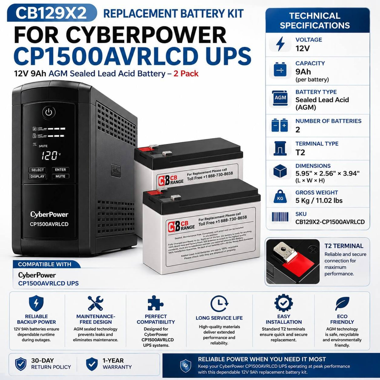 CyberPower CP1500AVRLCD UPS Replacement Battery Kit – 2 x 12V 9Ah AGM Batteries | CB129X2 UPS Batteries CB Range