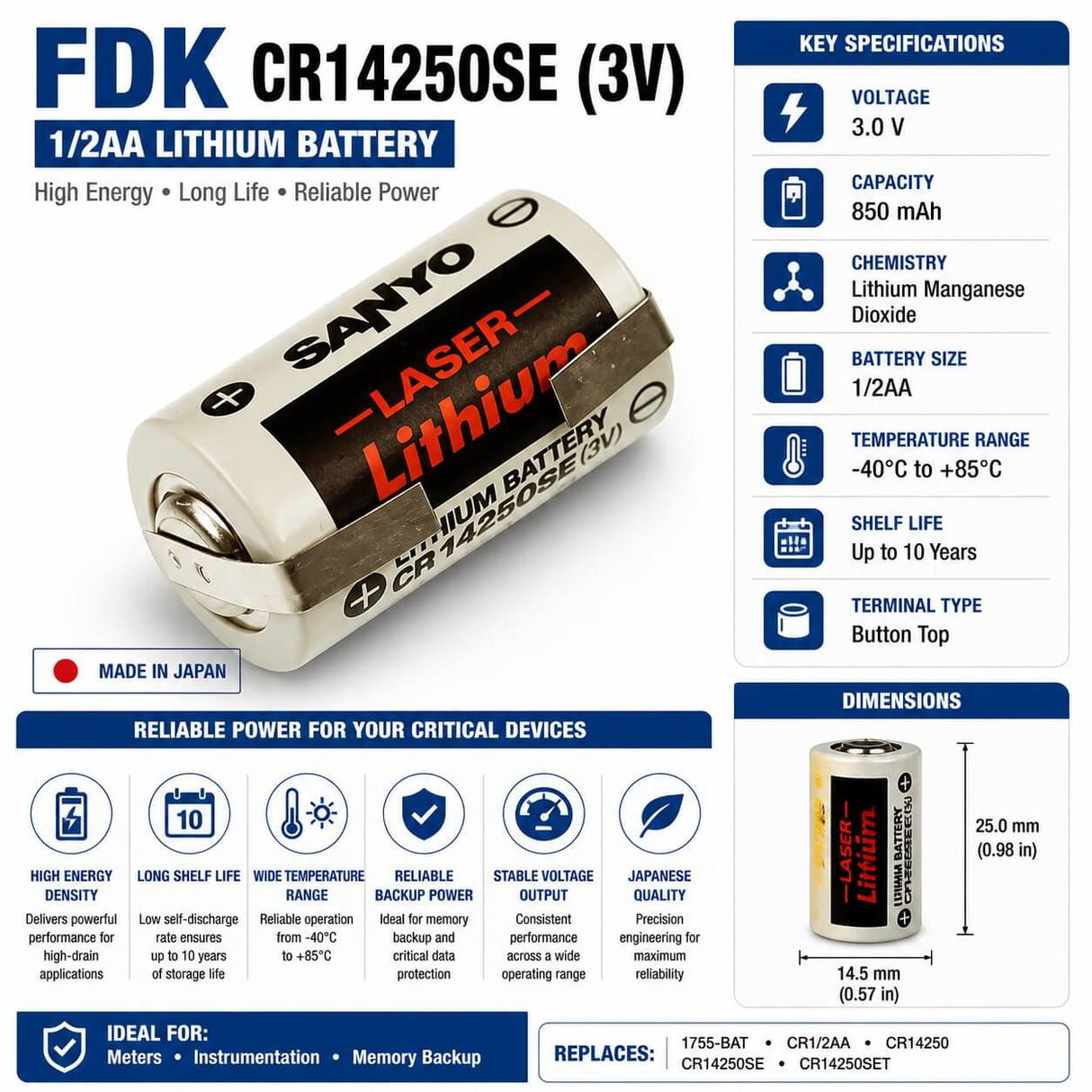 Battery Model Sanyo / Fdk Cr14250se, 1755-bat, Cr1/2aa, Cr14250, Cr14250set 3v, 850 Mah - 2.55wh Other Sanyo / FDK With Tabs