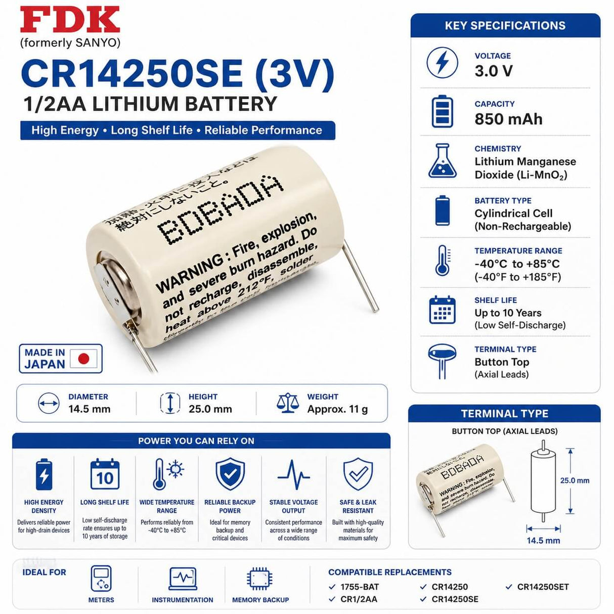 Battery Model Sanyo / Fdk Cr14250se, 1755-bat, Cr1/2aa, Cr14250, Cr14250set 3v, 850 Mah - 2.55wh Other Sanyo / FDK With Single PC Pins (Like Axial)