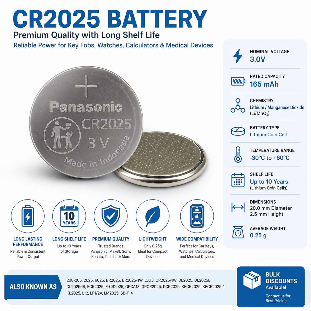 Cr2025 3 Volt Lithium Battery Replacement Coin Cell Batteries Panasonic
