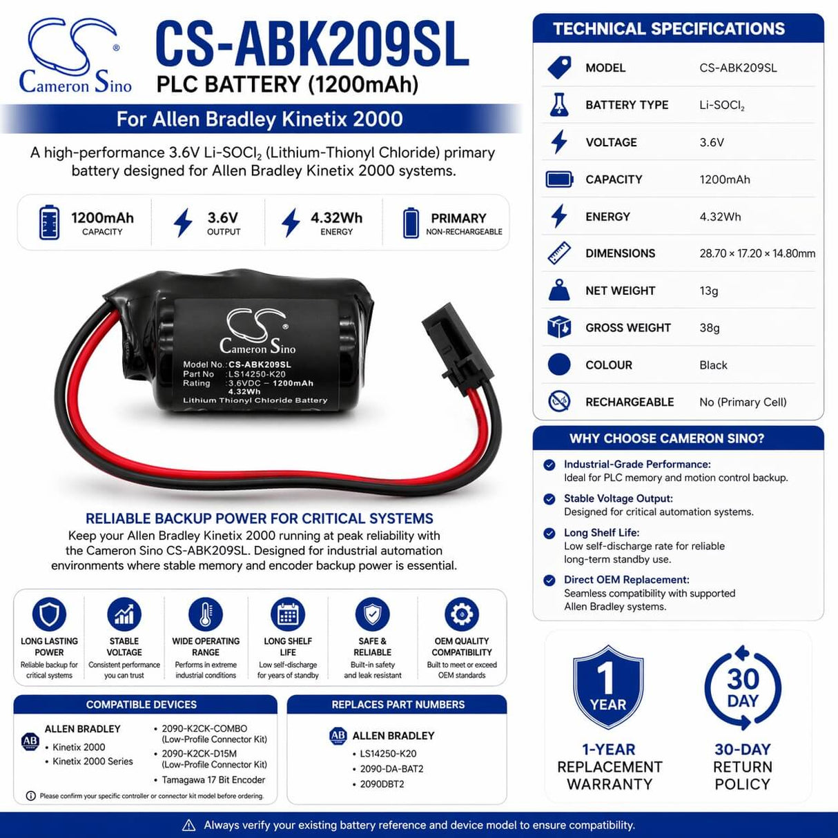 3.6v, Li-socl2, 1200mah, Allen Bradley PLC Battery fits Kinetix 2000, 4.32wh PLC Cameron Sino Technology Limited