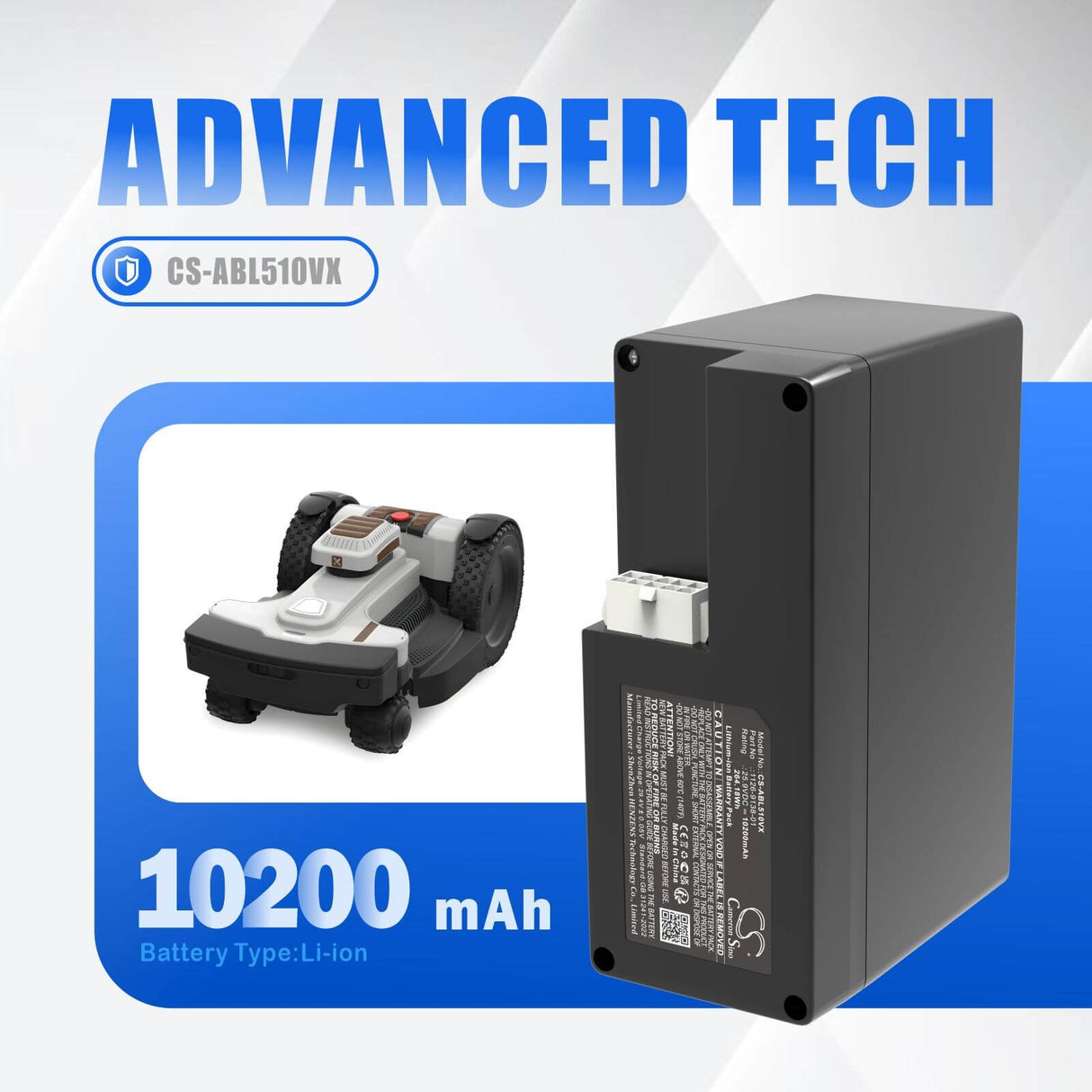 25.9V, Li-ion, 10200mAh, Lawn Mowers battery fits Ambrogio, 101-806, 4.0 Basic 4WD Premium, 4.0 Elite 4WD Premium, 264.18Wh Lawn Mowers Cameron Sino Technology Limited (Dangerous Goods)